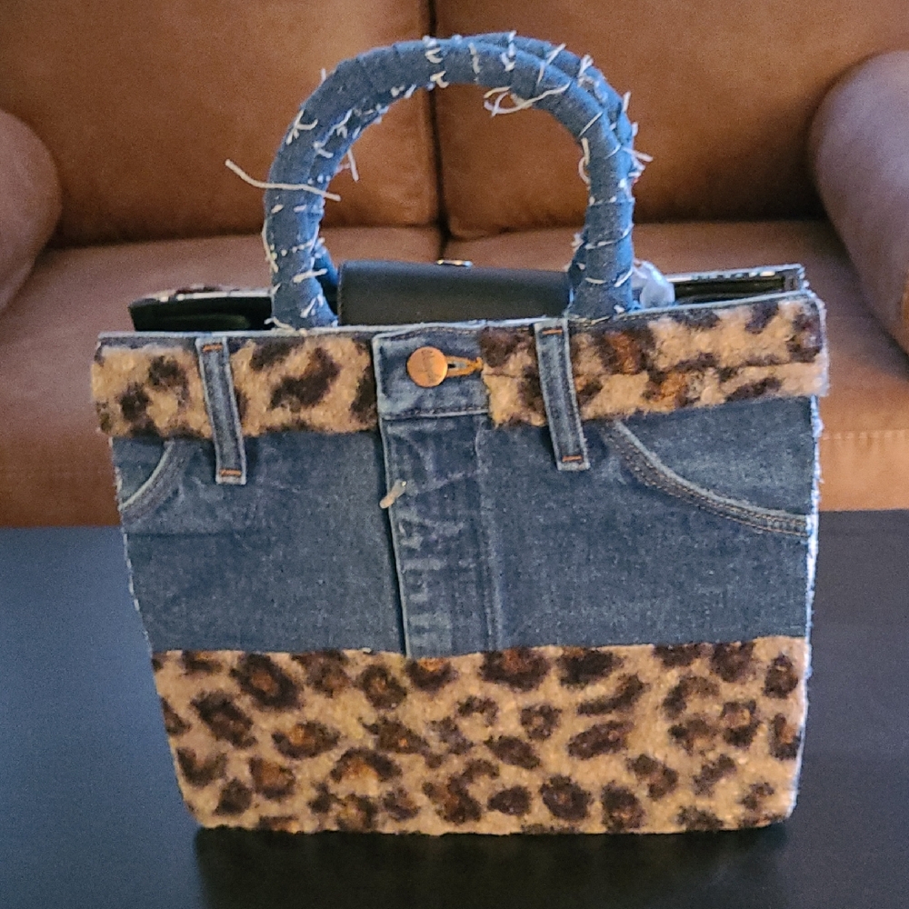 One Of A Kind Stylish Denim and Leopard Print Hand Bag